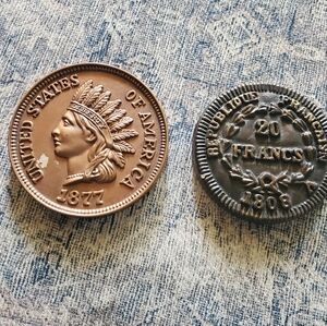 Vintage Coin Set - Brown and Gray Chalkware Wall Hanging Home Decor Penny Accent